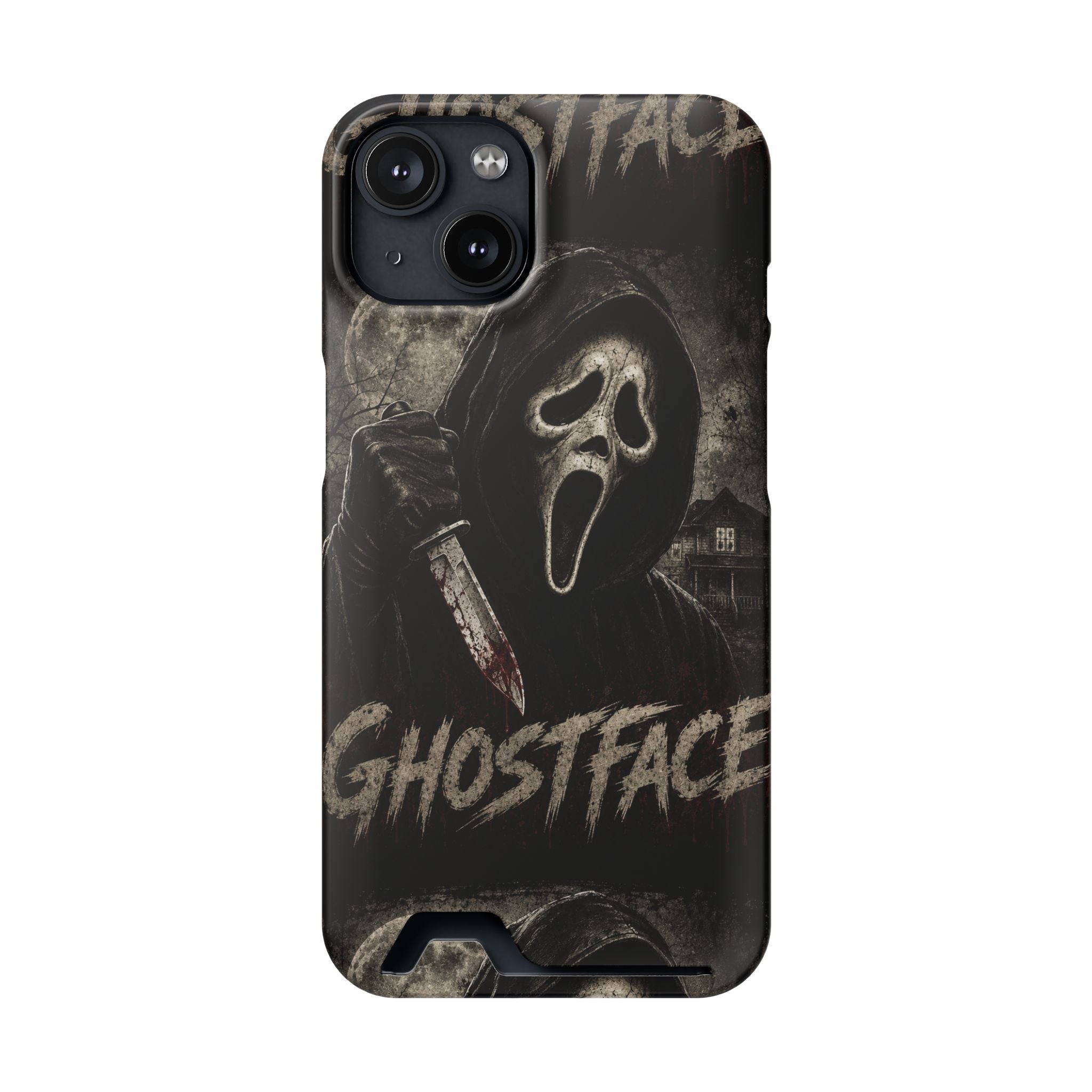 Ghostface Phone Case with Card Holder — Horror Movie Scream Mask Design