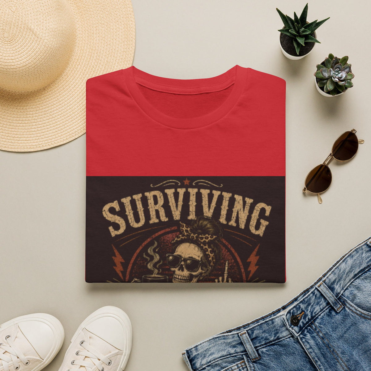 Surviving Caffeine T-Shirt – Funny Skull Coffee Shirt for Tired Adults
