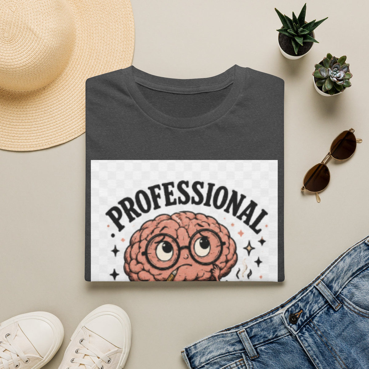 T-Shirt — "Professional Overthinker" Cute Brain Graphic Tee