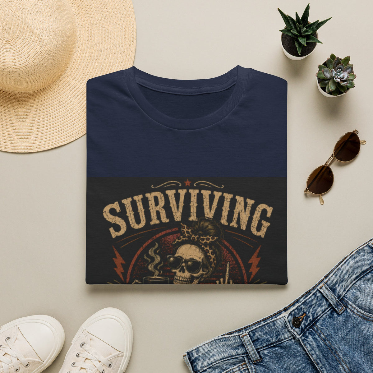 Surviving Caffeine T-Shirt – Funny Skull Coffee Shirt for Tired Adults