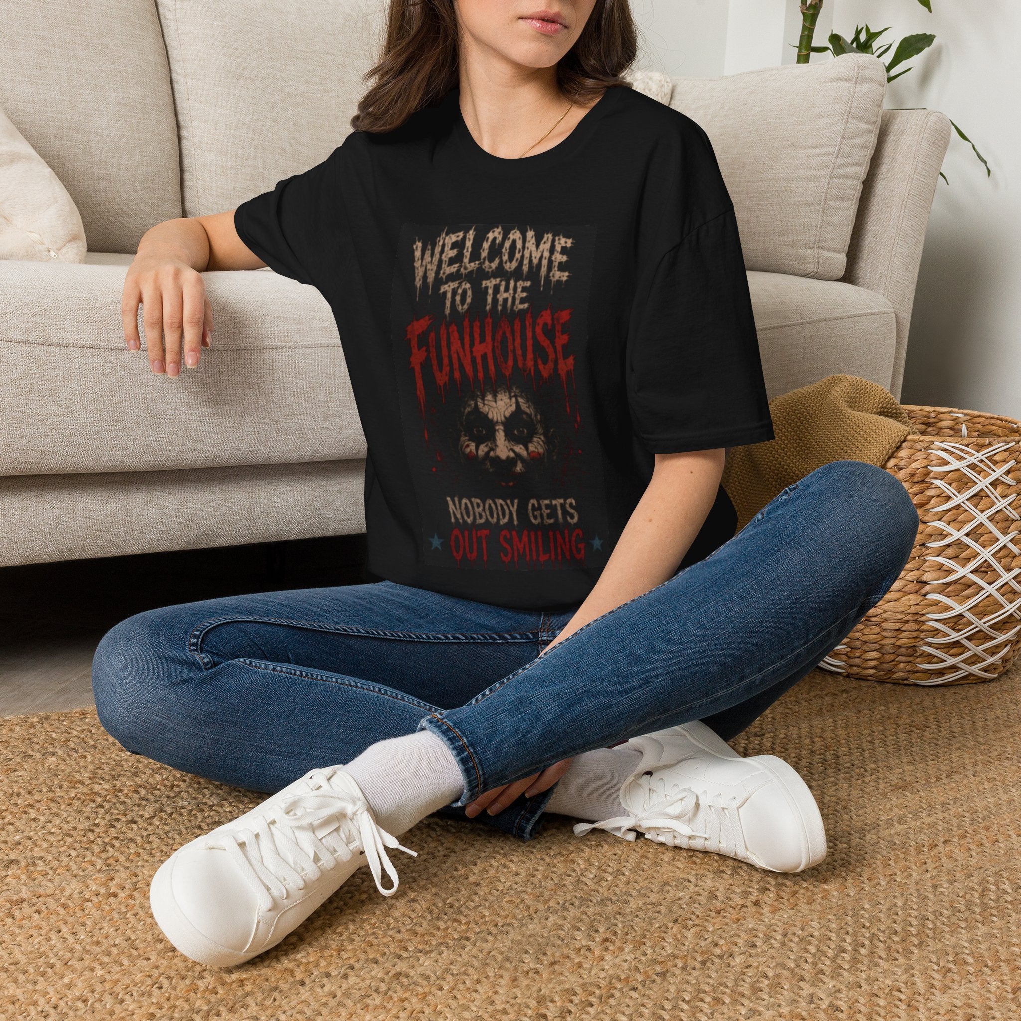 Welcome to the Funhouse T-Shirt — Horror Clown Graphic Tee (“Nobody Gets Out Smiling”)