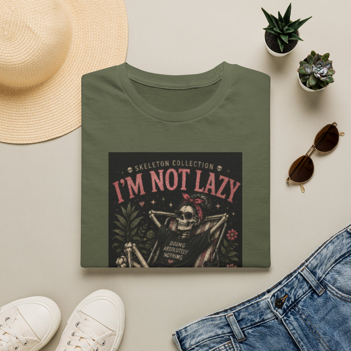 T-Shirt — “I’m Not Lazy, I’m Aggressively Relaxing” Skeleton Graphic Tee