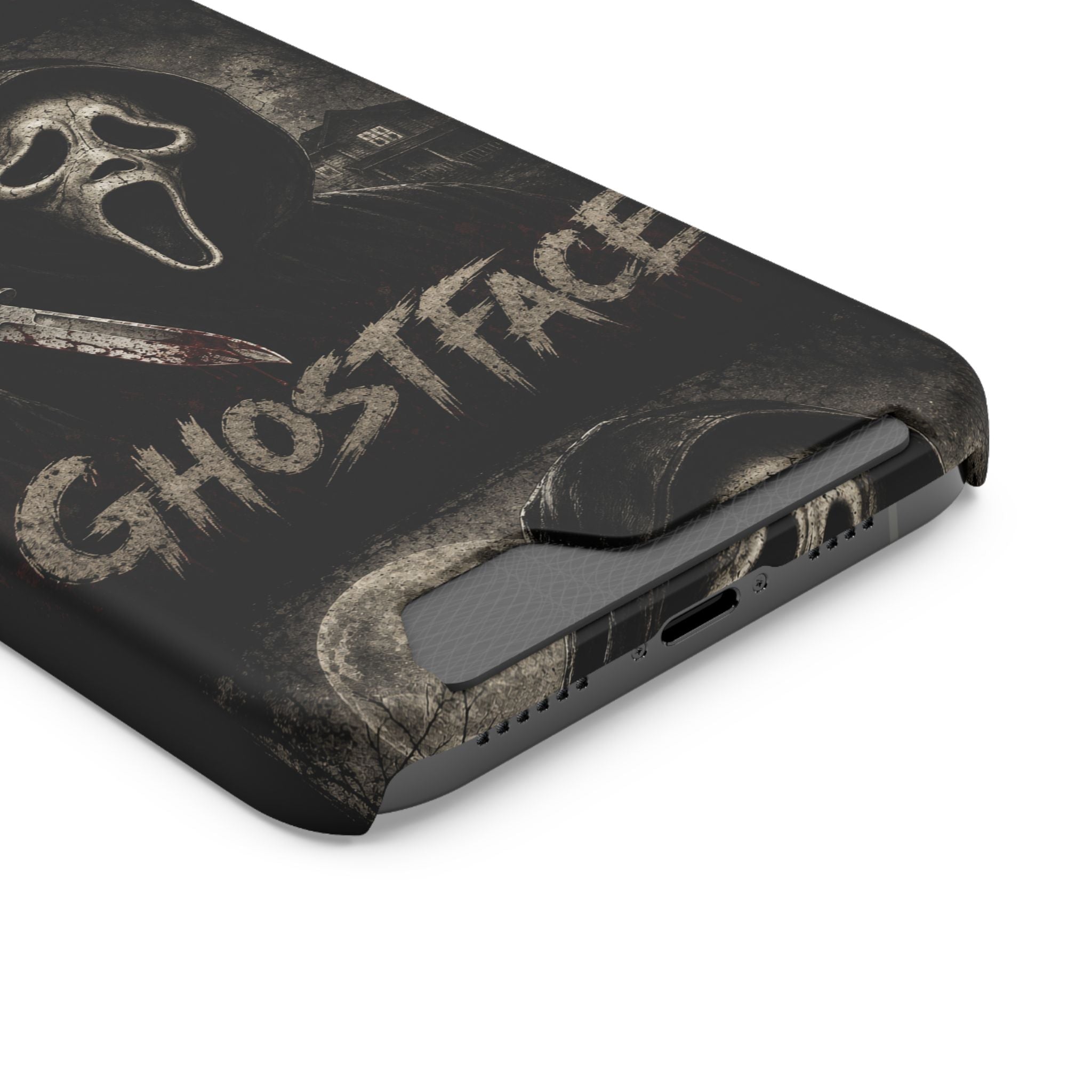 Ghostface Phone Case with Card Holder — Horror Movie Scream Mask Design