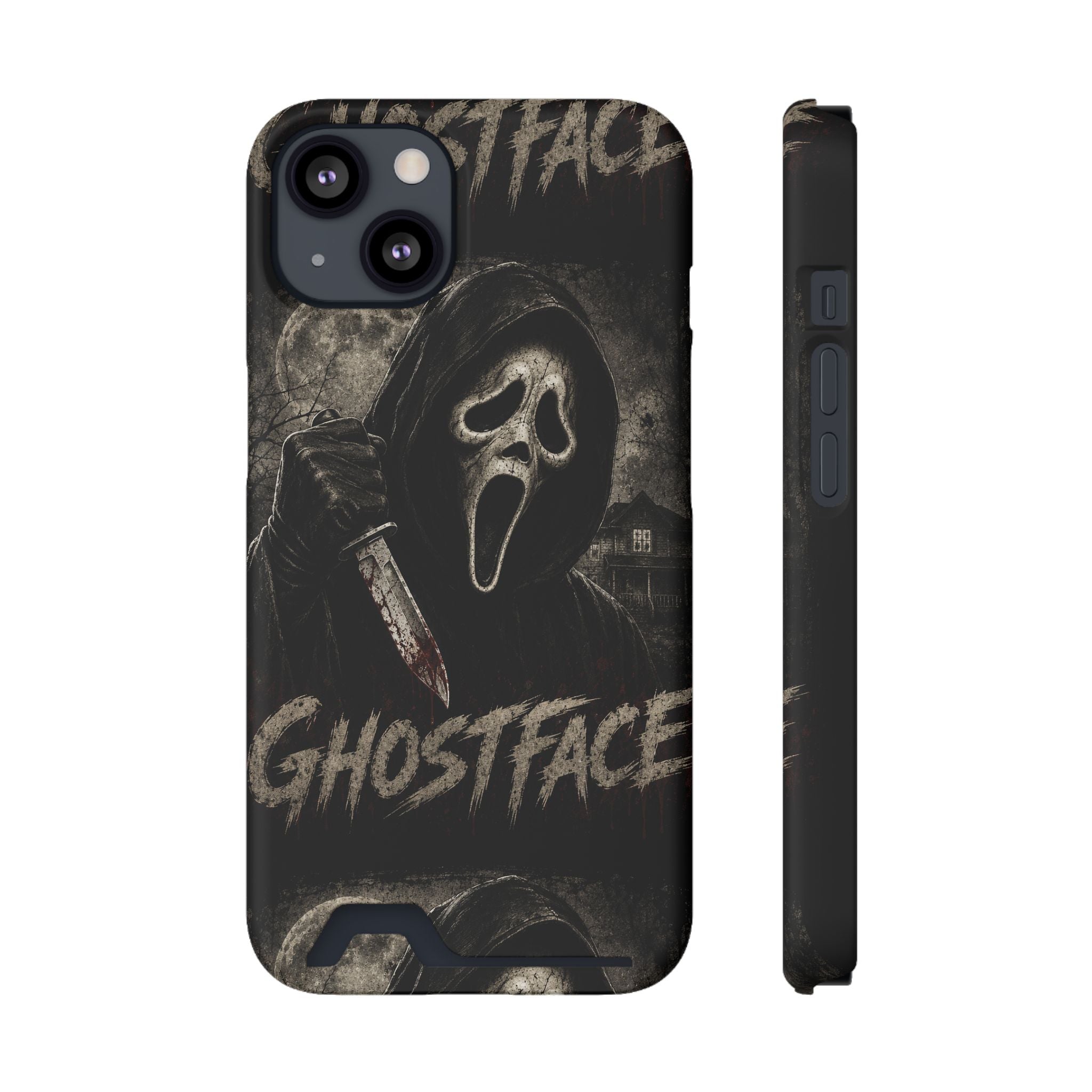 Ghostface Phone Case with Card Holder — Horror Movie Scream Mask Design