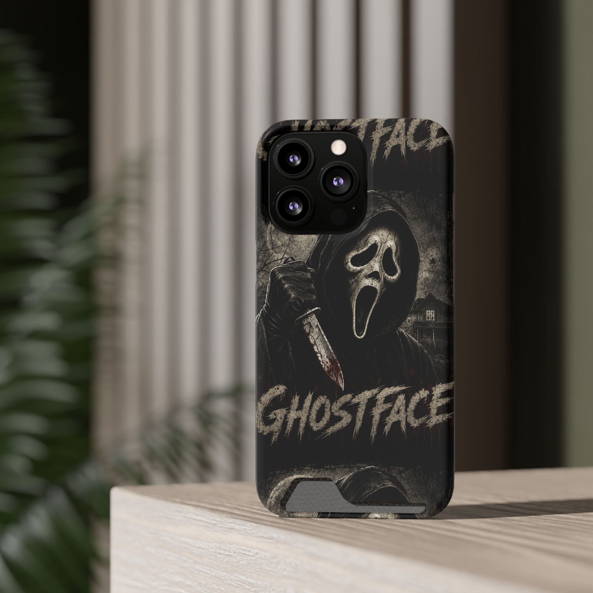 Ghostface Phone Case with Card Holder — Horror Movie Scream Mask Design