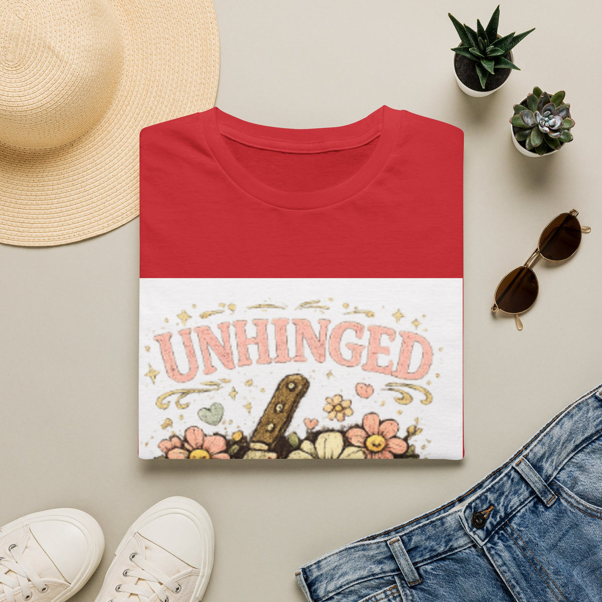 T-Shirt — "Unhinged but in a Cute Way" Floral Knife Graphic Tee