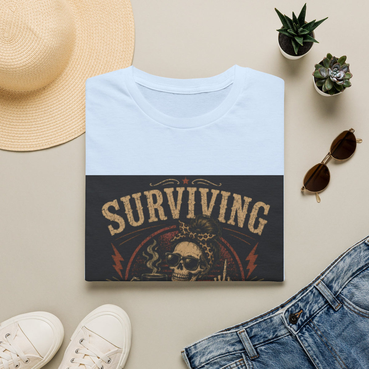 Surviving Caffeine T-Shirt – Funny Skull Coffee Shirt for Tired Adults