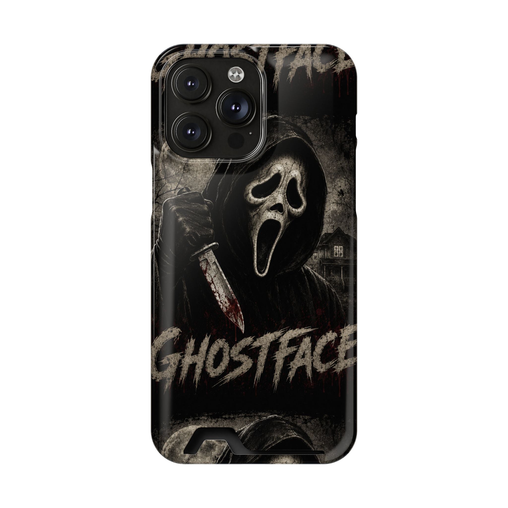 Ghostface Phone Case with Card Holder — Horror Movie Scream Mask Design