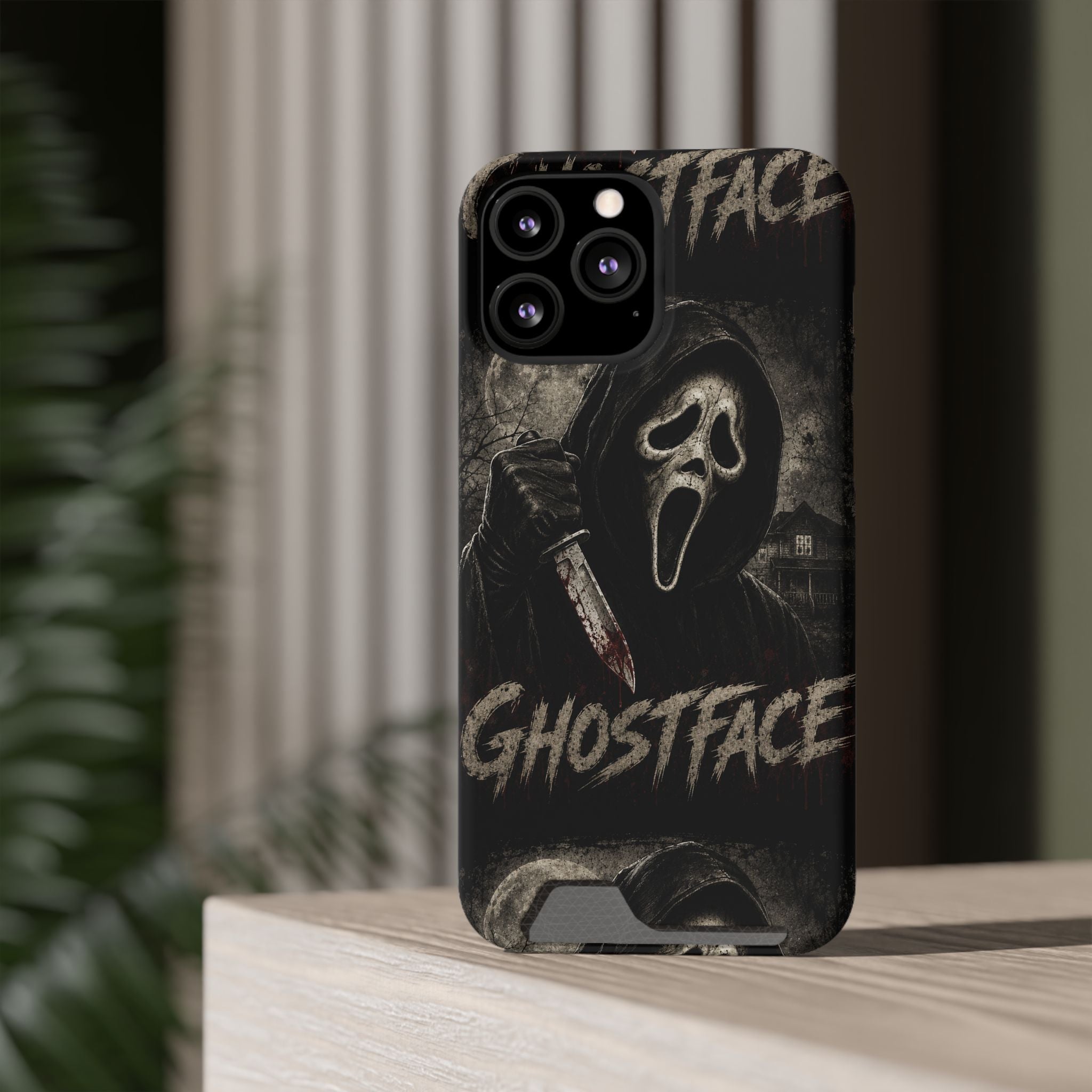 Ghostface Phone Case with Card Holder — Horror Movie Scream Mask Design