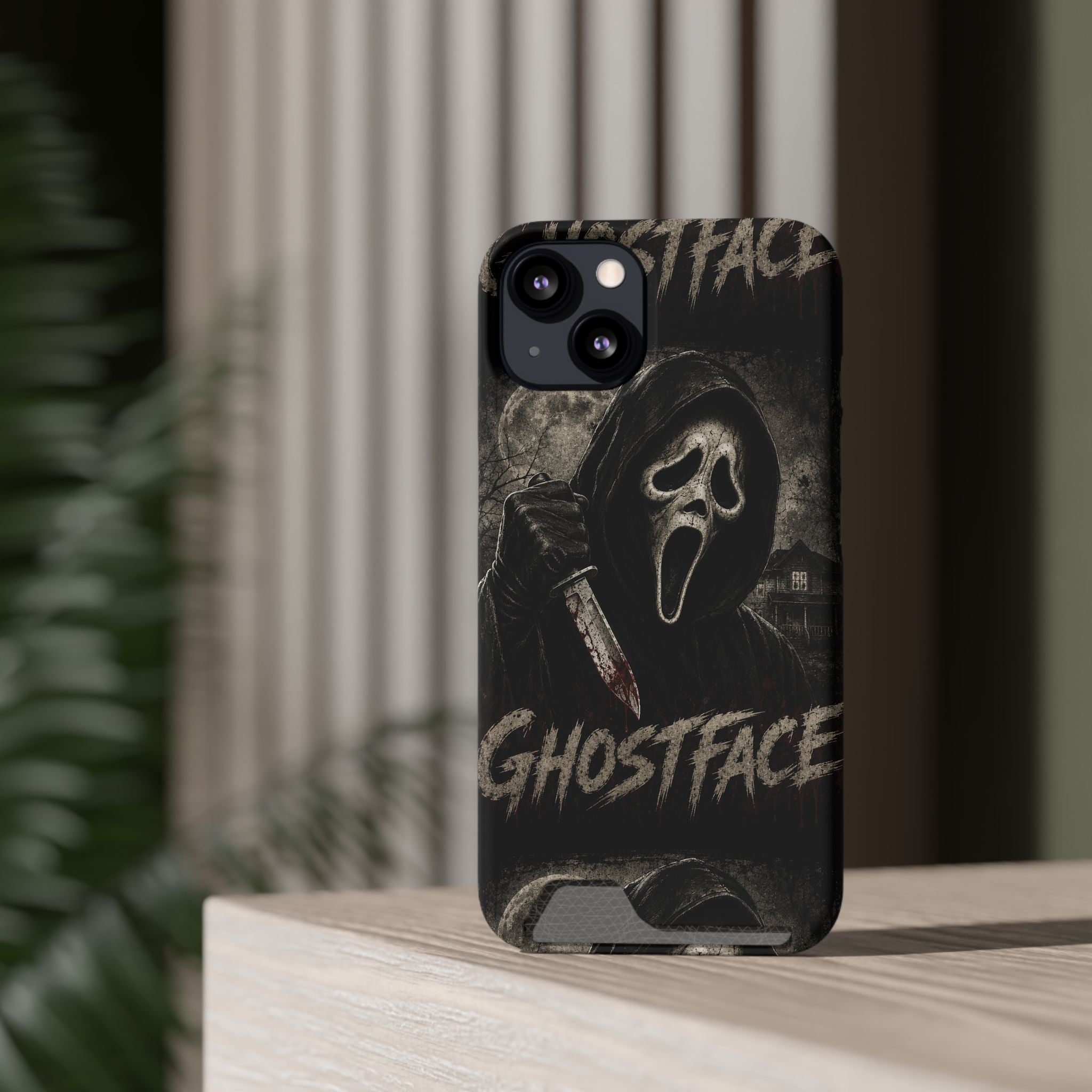 Ghostface Phone Case with Card Holder — Horror Movie Scream Mask Design