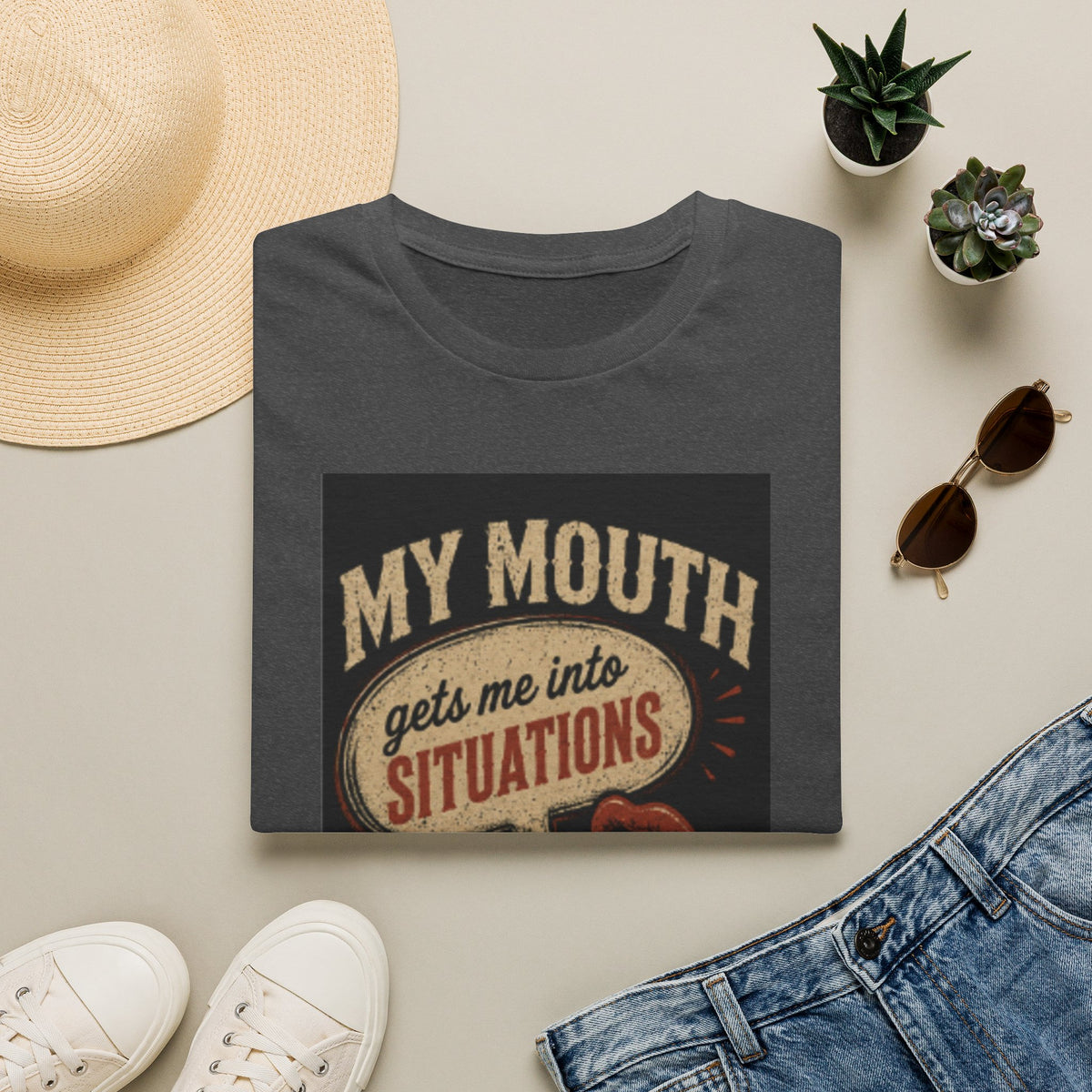 Graphic T-Shirt — "My Mouth Gets Me Into Situations" Vintage Statement Tee