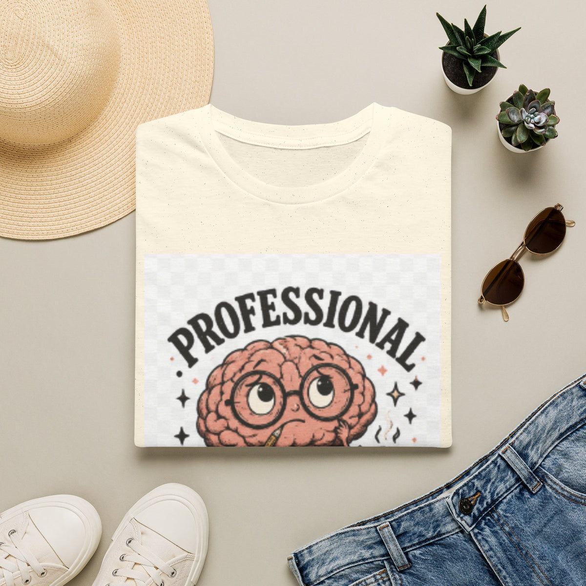 T-Shirt — "Professional Overthinker" Cute Brain Graphic Tee