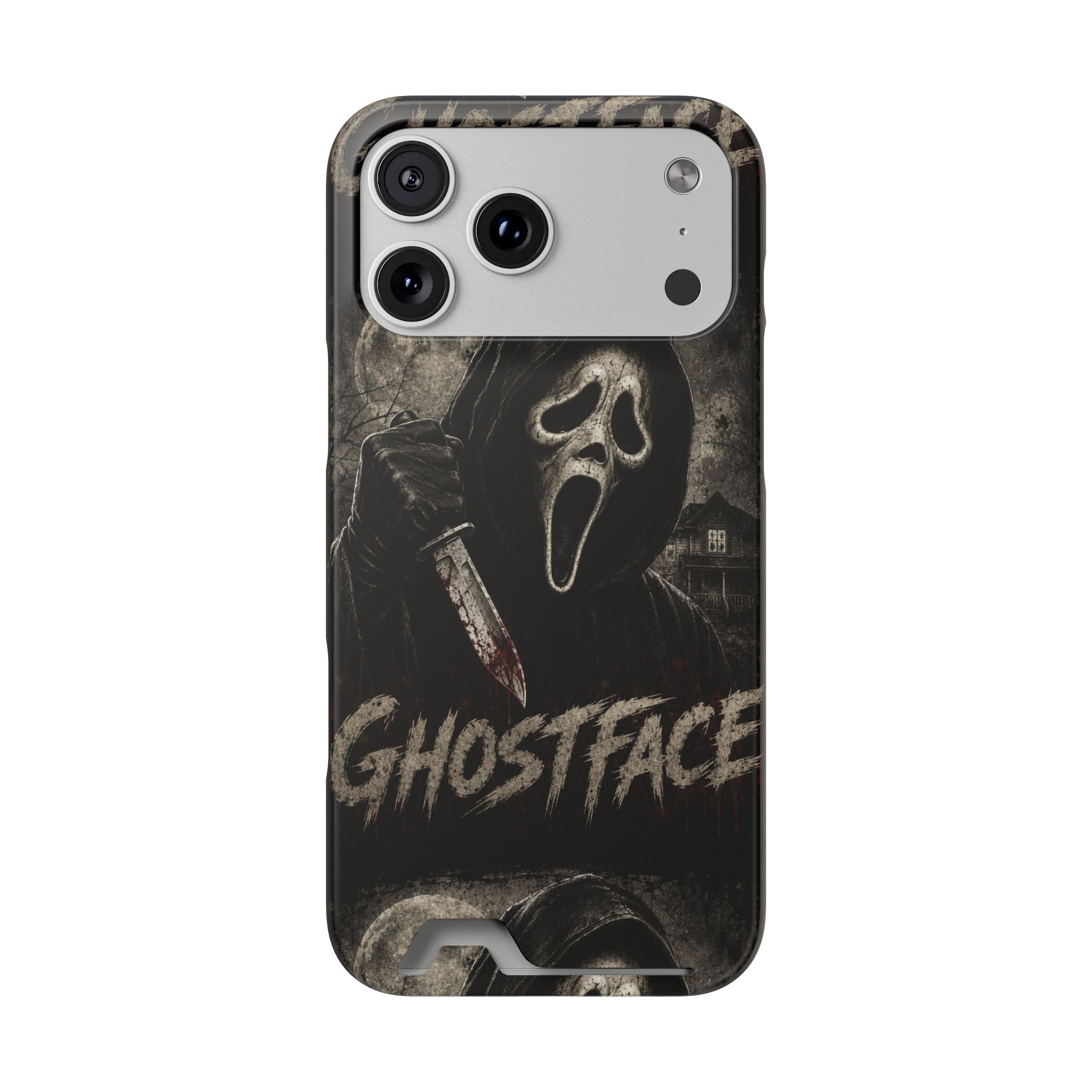 Ghostface Phone Case with Card Holder — Horror Movie Scream Mask Design