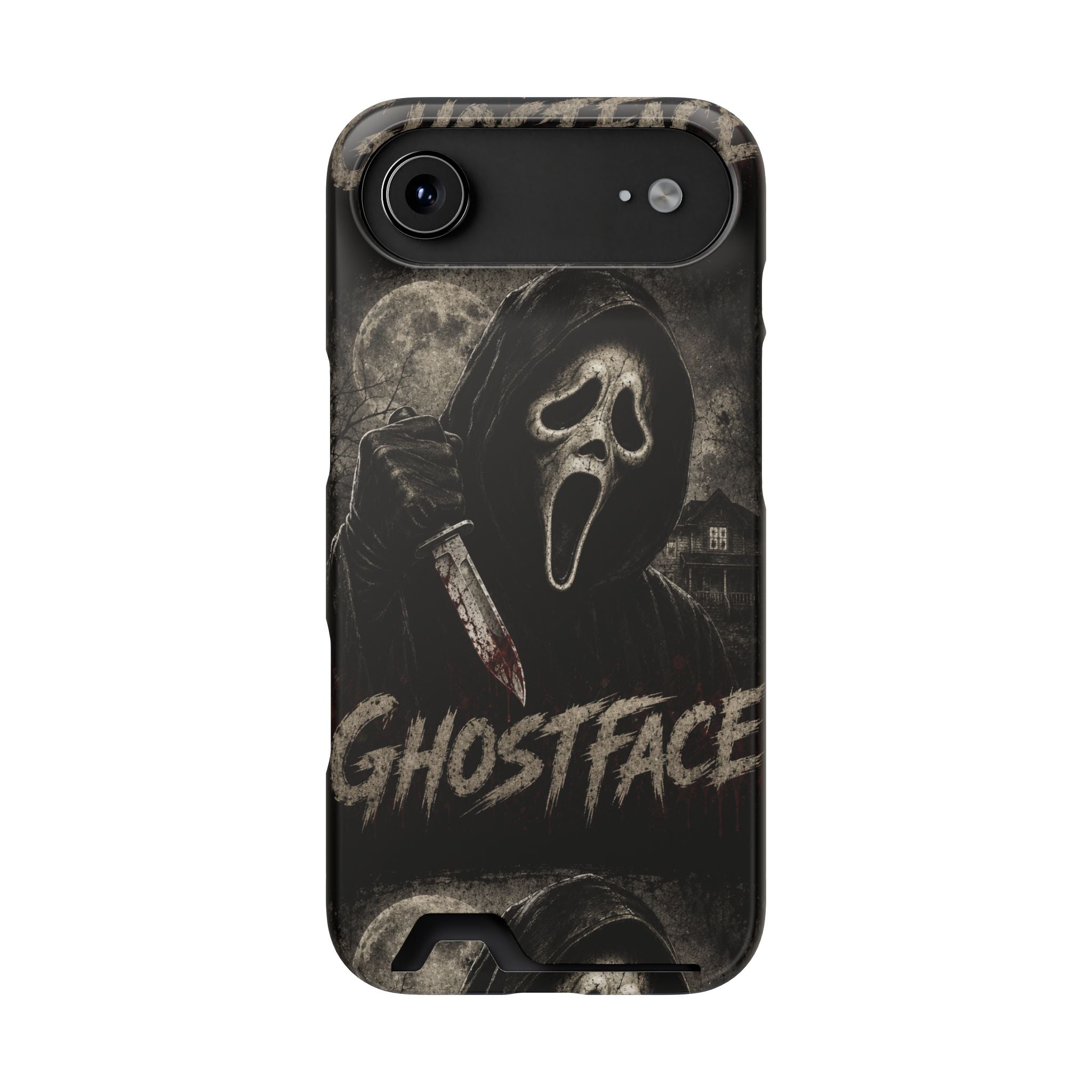 Ghostface Phone Case with Card Holder — Horror Movie Scream Mask Design