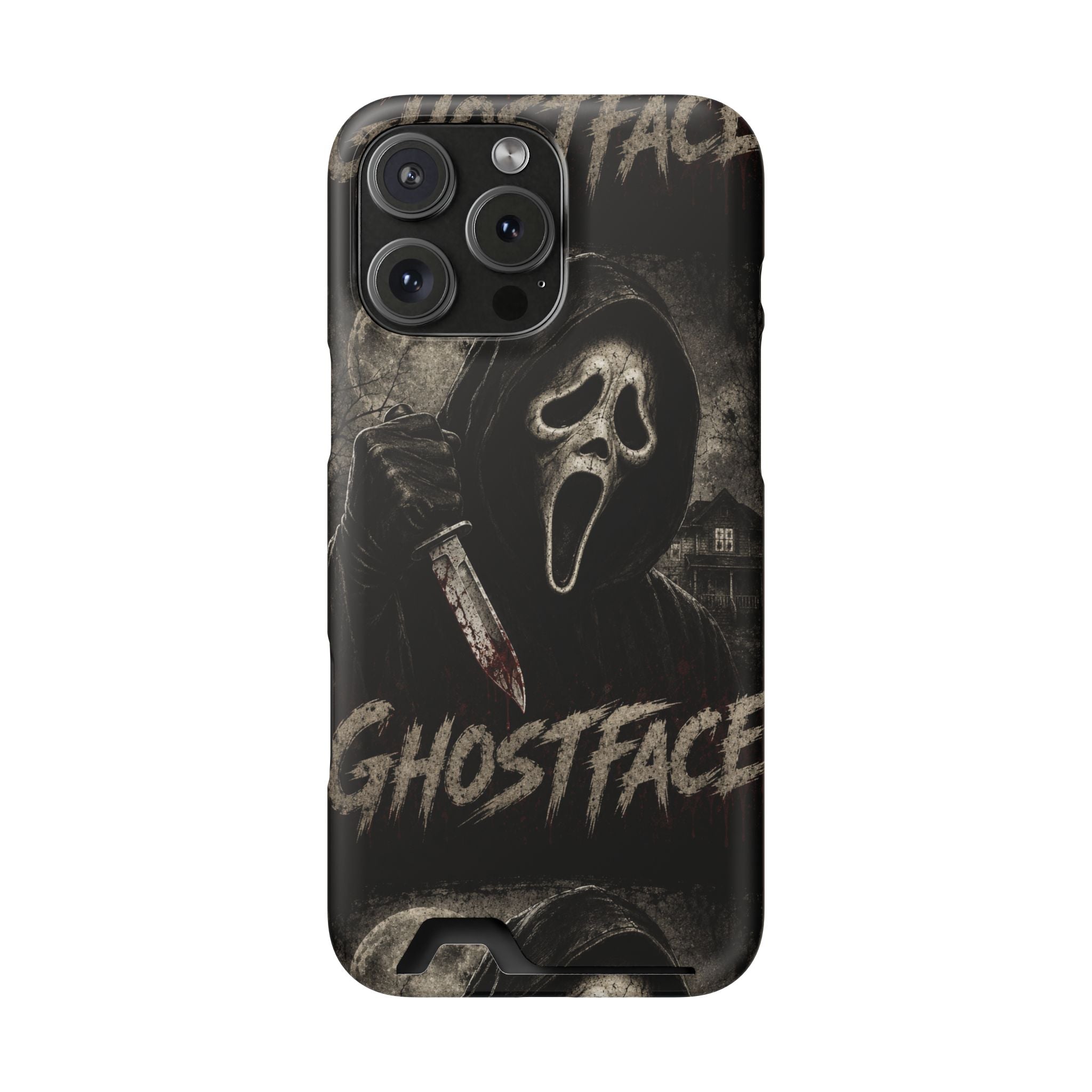 Ghostface Phone Case with Card Holder — Horror Movie Scream Mask Design