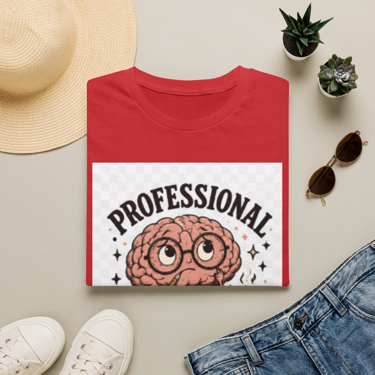 T-Shirt — "Professional Overthinker" Cute Brain Graphic Tee