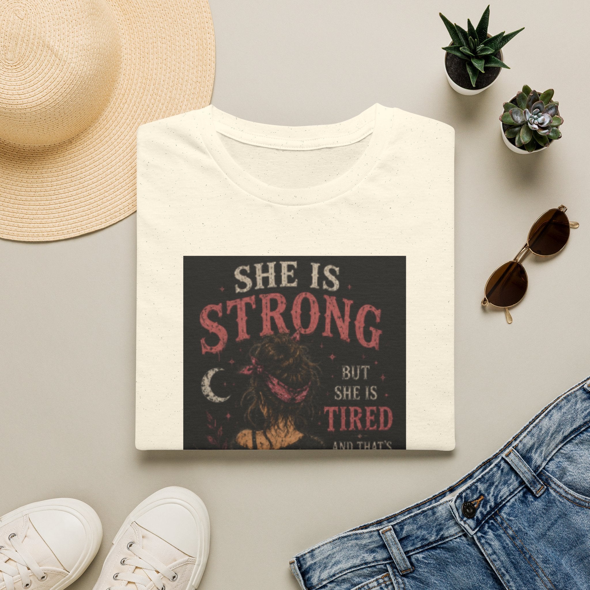 T-Shirt — "She Is Strong But She Is Tired" Inspirational Women’s Graphic Tee