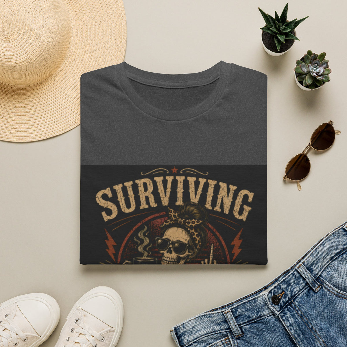 Surviving Caffeine T-Shirt – Funny Skull Coffee Shirt for Tired Adults