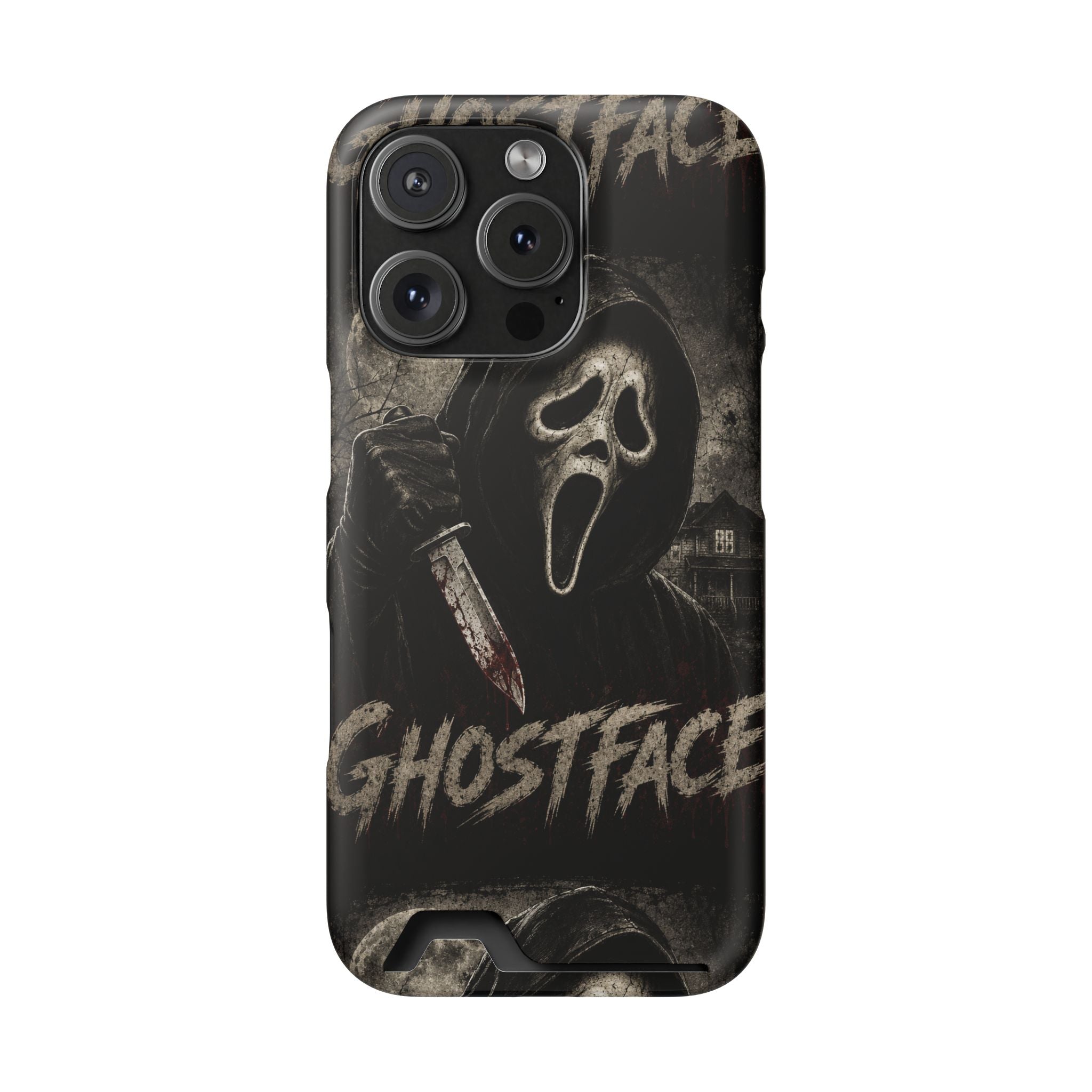 Ghostface Phone Case with Card Holder — Horror Movie Scream Mask Design