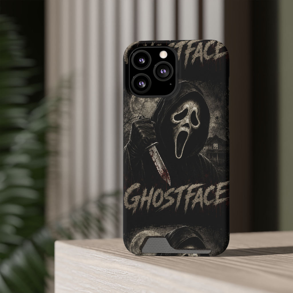 Ghostface Phone Case with Card Holder — Horror Movie Scream Mask Design