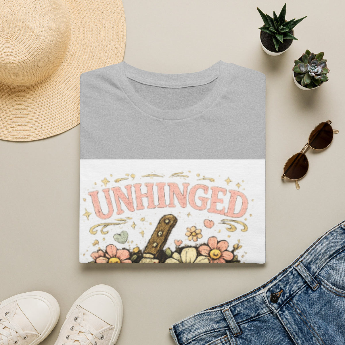 T-Shirt — "Unhinged but in a Cute Way" Floral Knife Graphic Tee