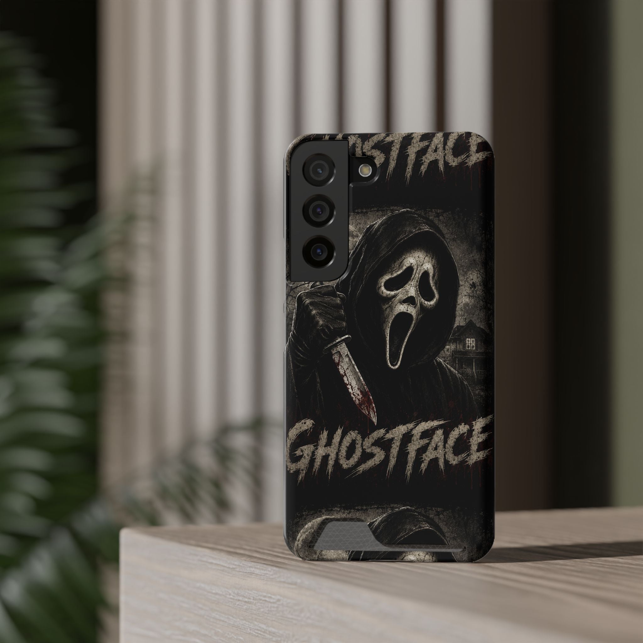 Ghostface Phone Case with Card Holder — Horror Movie Scream Mask Design