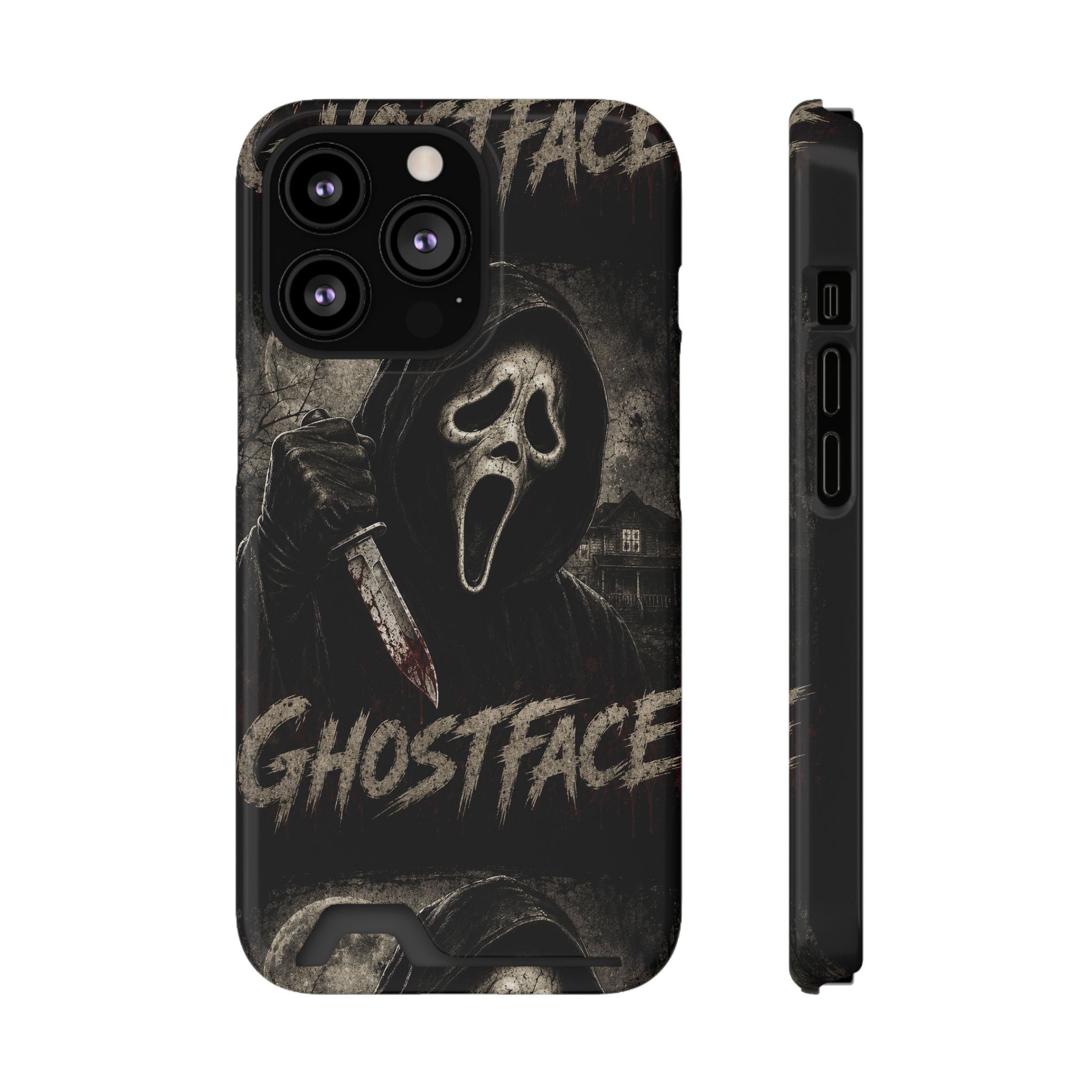 Ghostface Phone Case with Card Holder — Horror Movie Scream Mask Design