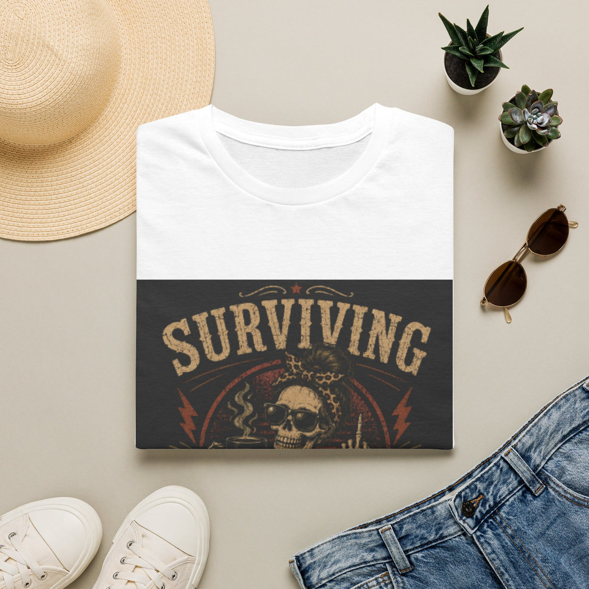 Surviving Caffeine T-Shirt – Funny Skull Coffee Shirt for Tired Adults