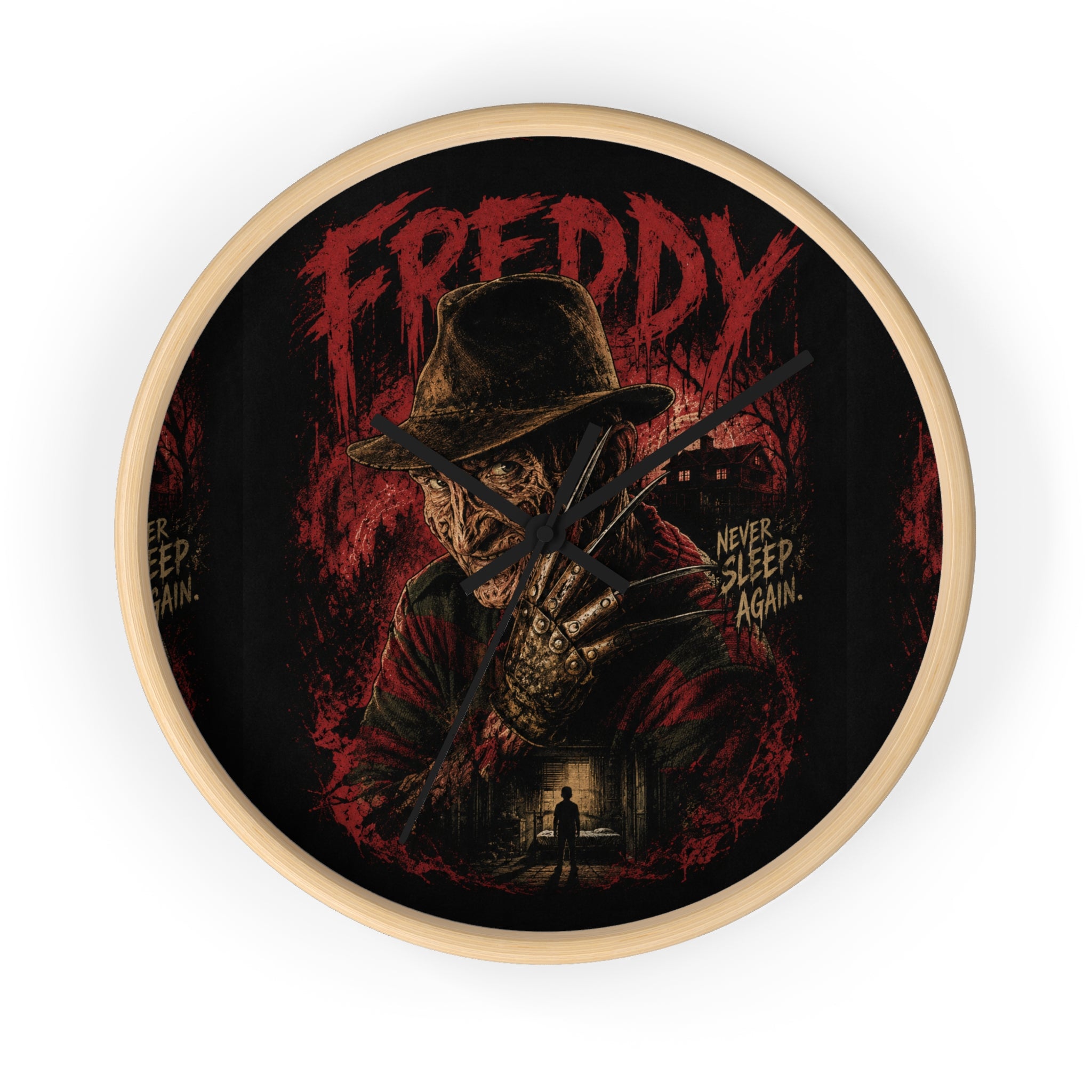 Horror Wall Clock — 'Freddy' Nightmare Design, 'Never Sleep Again'