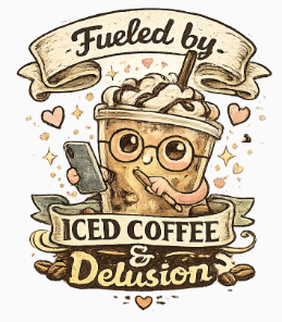 Iced Coffee T-Shirt — "Fueled by Iced Coffee & Delusion" Cute Cafe Graphic Tee