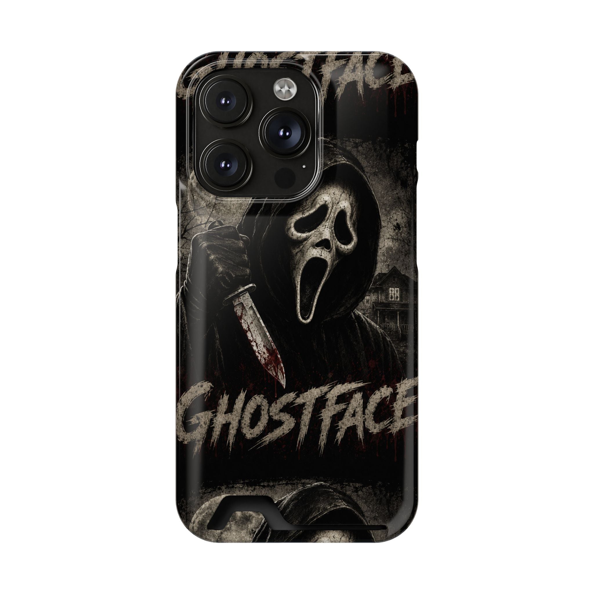 Ghostface Phone Case with Card Holder — Horror Movie Scream Mask Design