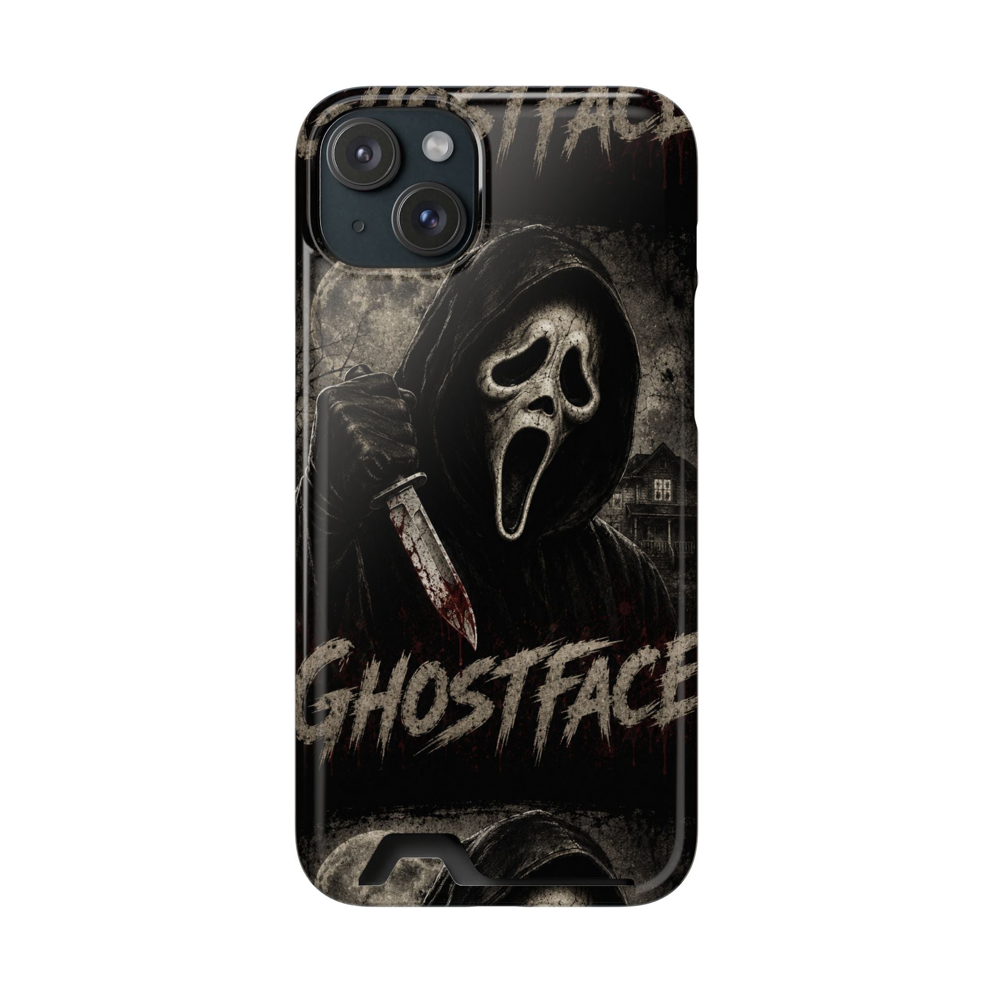 Ghostface Phone Case with Card Holder — Horror Movie Scream Mask Design