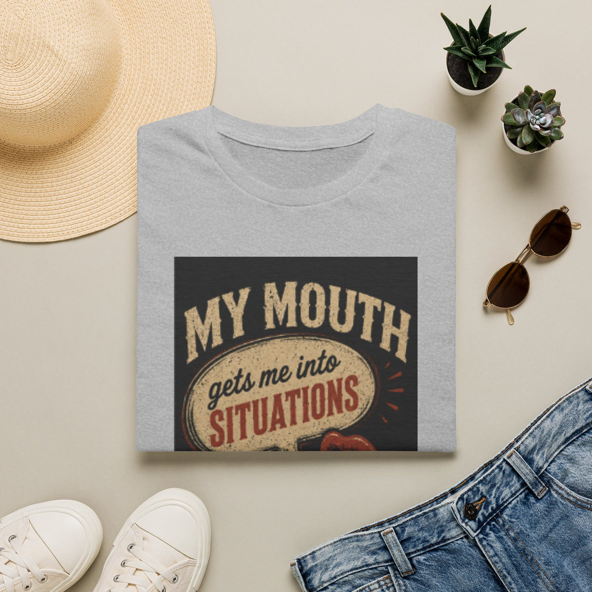 Graphic T-Shirt — "My Mouth Gets Me Into Situations" Vintage Statement Tee