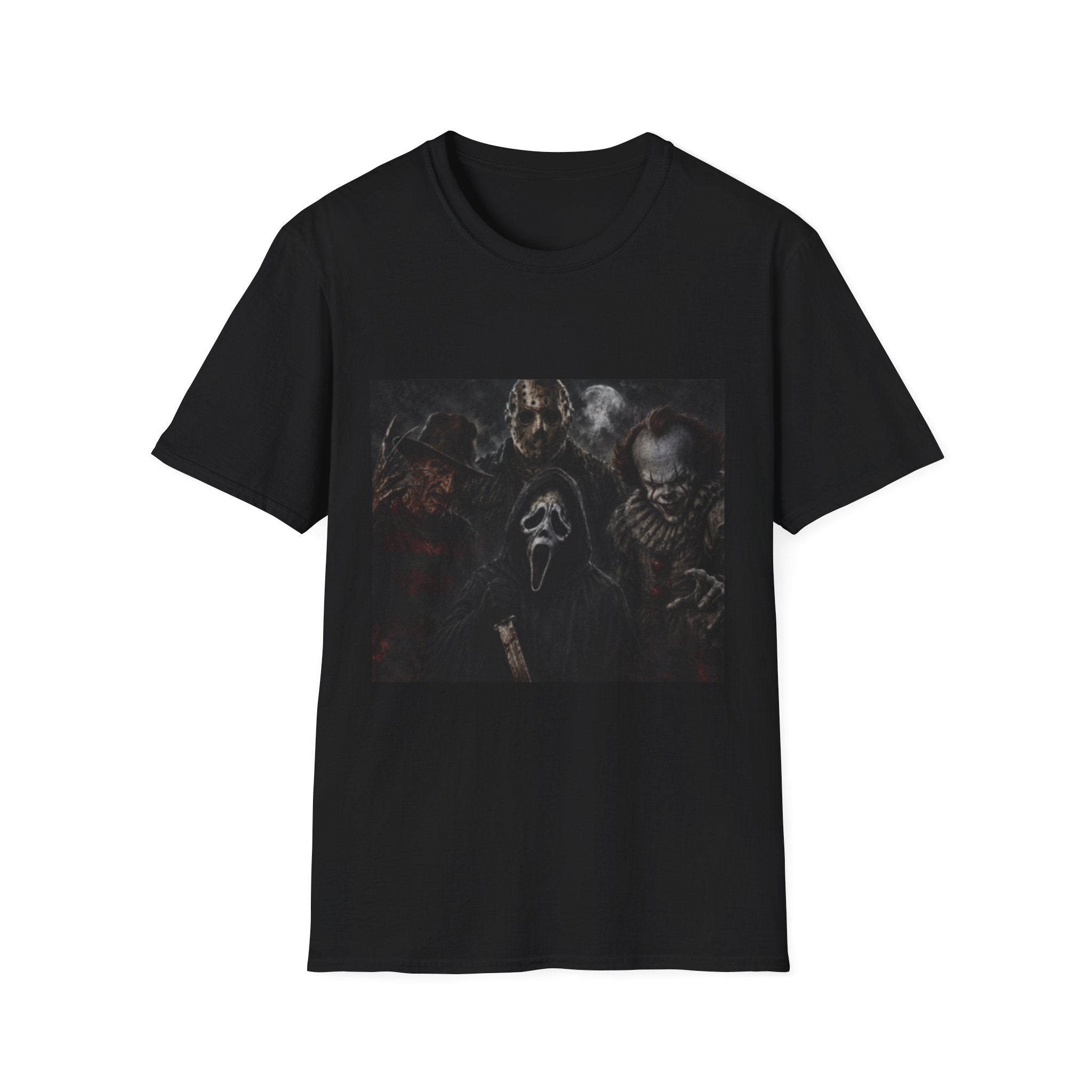 Horror Icons Collage T‑Shirt — Classic Scary Movie Mask Faces