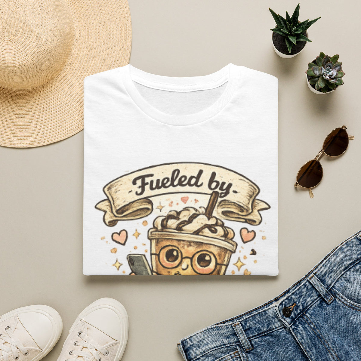Iced Coffee T-Shirt — "Fueled by Iced Coffee & Delusion" Cute Cafe Graphic Tee