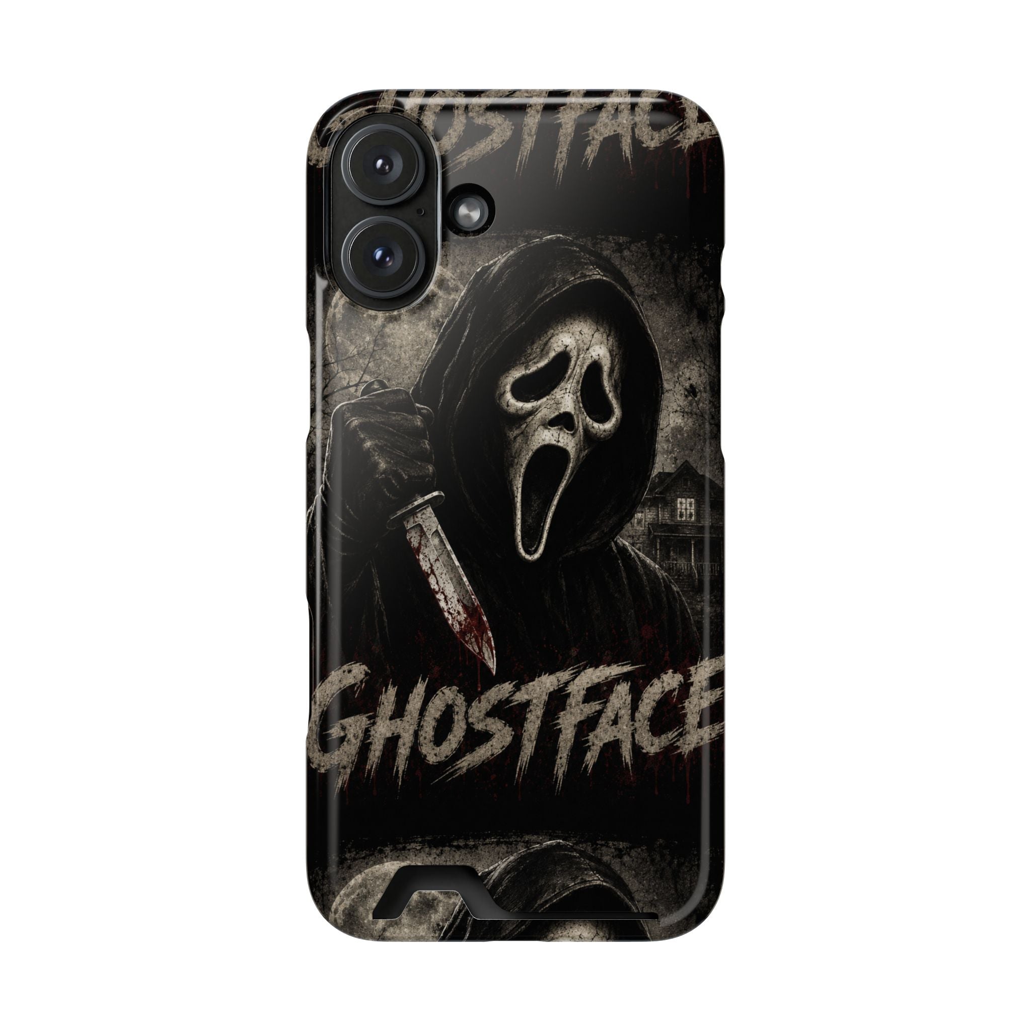 Ghostface Phone Case with Card Holder — Horror Movie Scream Mask Design