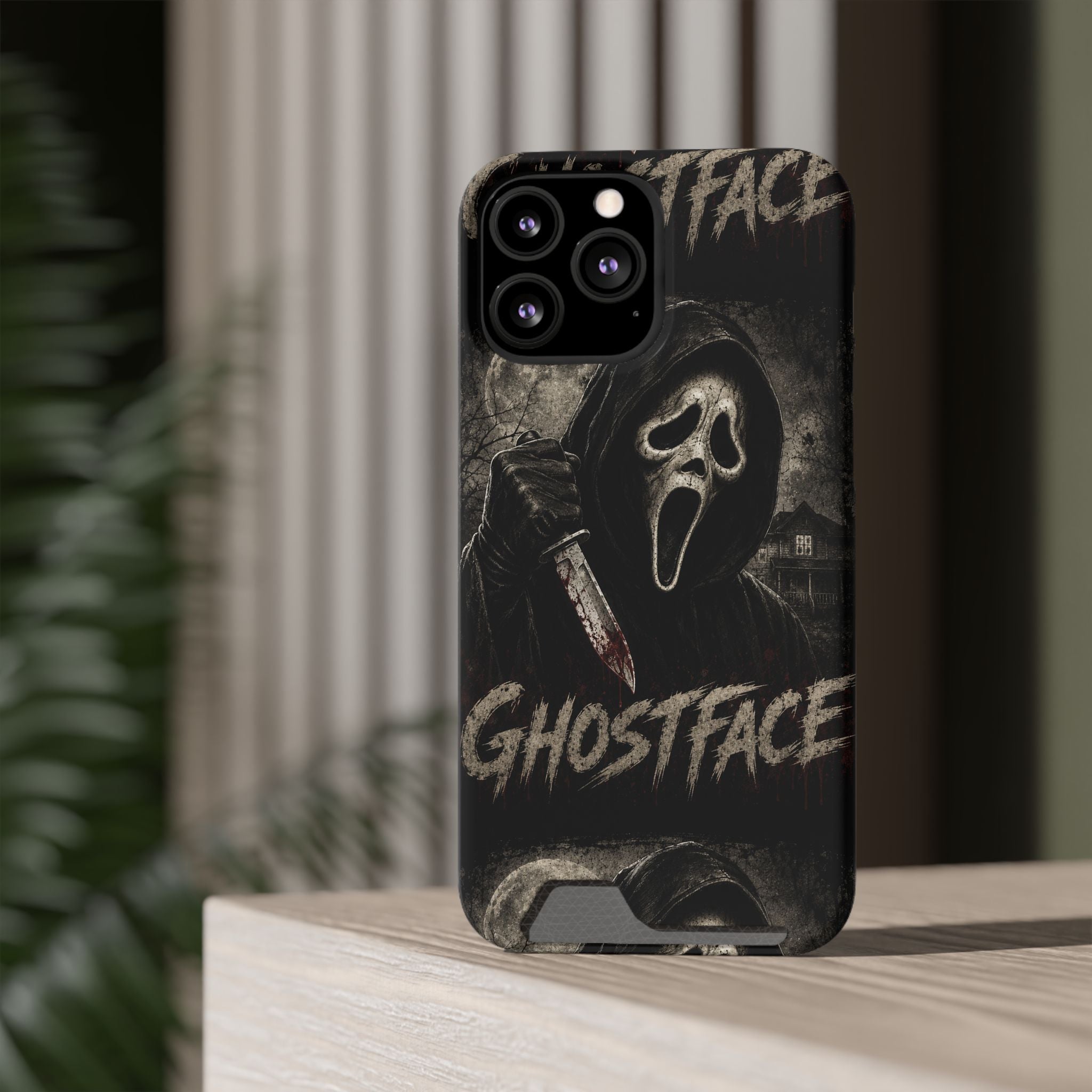 Ghostface Phone Case with Card Holder — Horror Movie Scream Mask Design