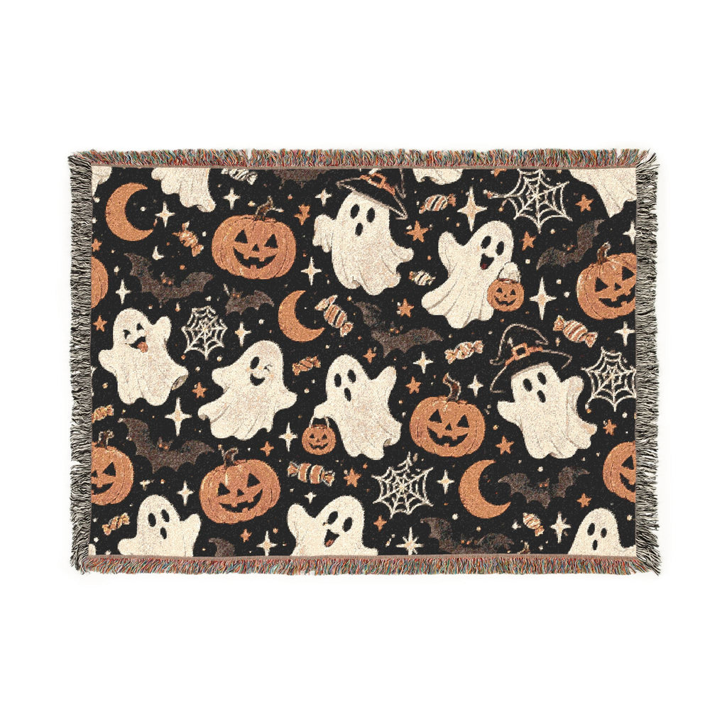 Halloween Ghosts & Pumpkins Woven Blanket — Cozy Spooky Throw for Fall Decor