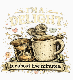 Coffee Mug T-Shirt — “I'm a Delight (Give Me Five Minutes)” Retro Coffee Graphic Tee