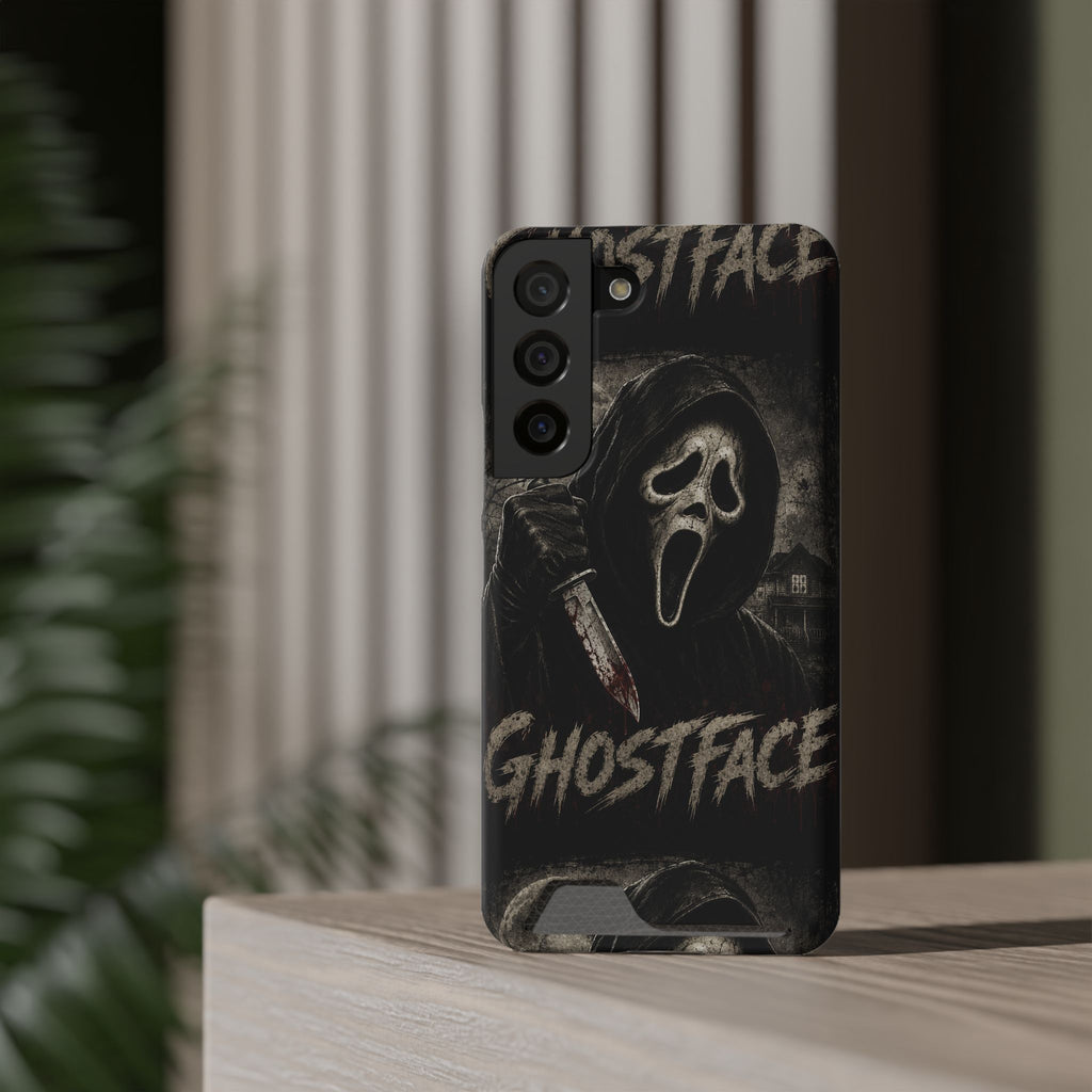 Ghostface Phone Case with Card Holder — Horror Movie Scream Mask Design