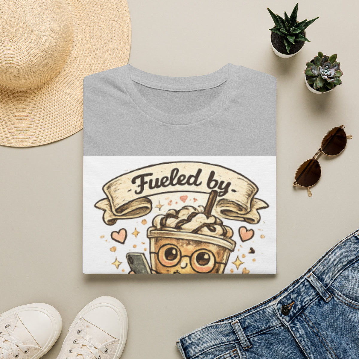 Iced Coffee T-Shirt — "Fueled by Iced Coffee & Delusion" Cute Cafe Graphic Tee