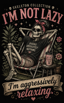 T-Shirt — “I’m Not Lazy, I’m Aggressively Relaxing” Skeleton Graphic Tee