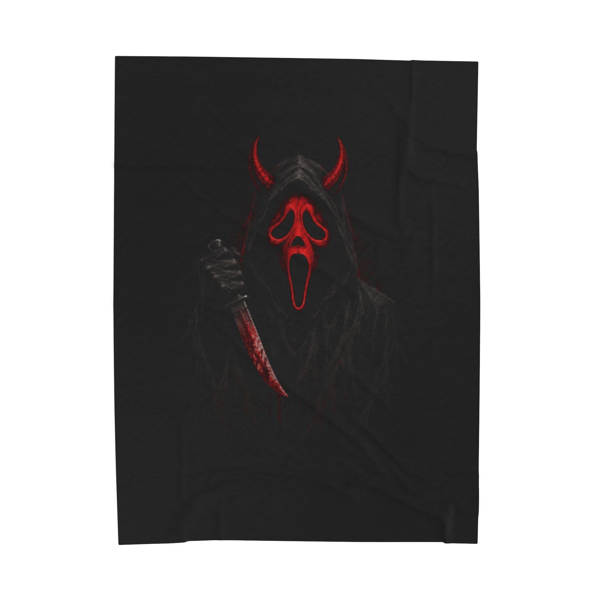 Horror Scream Devil Plush Blanket — Red Mask & Bloody Knife Velveteen Throw