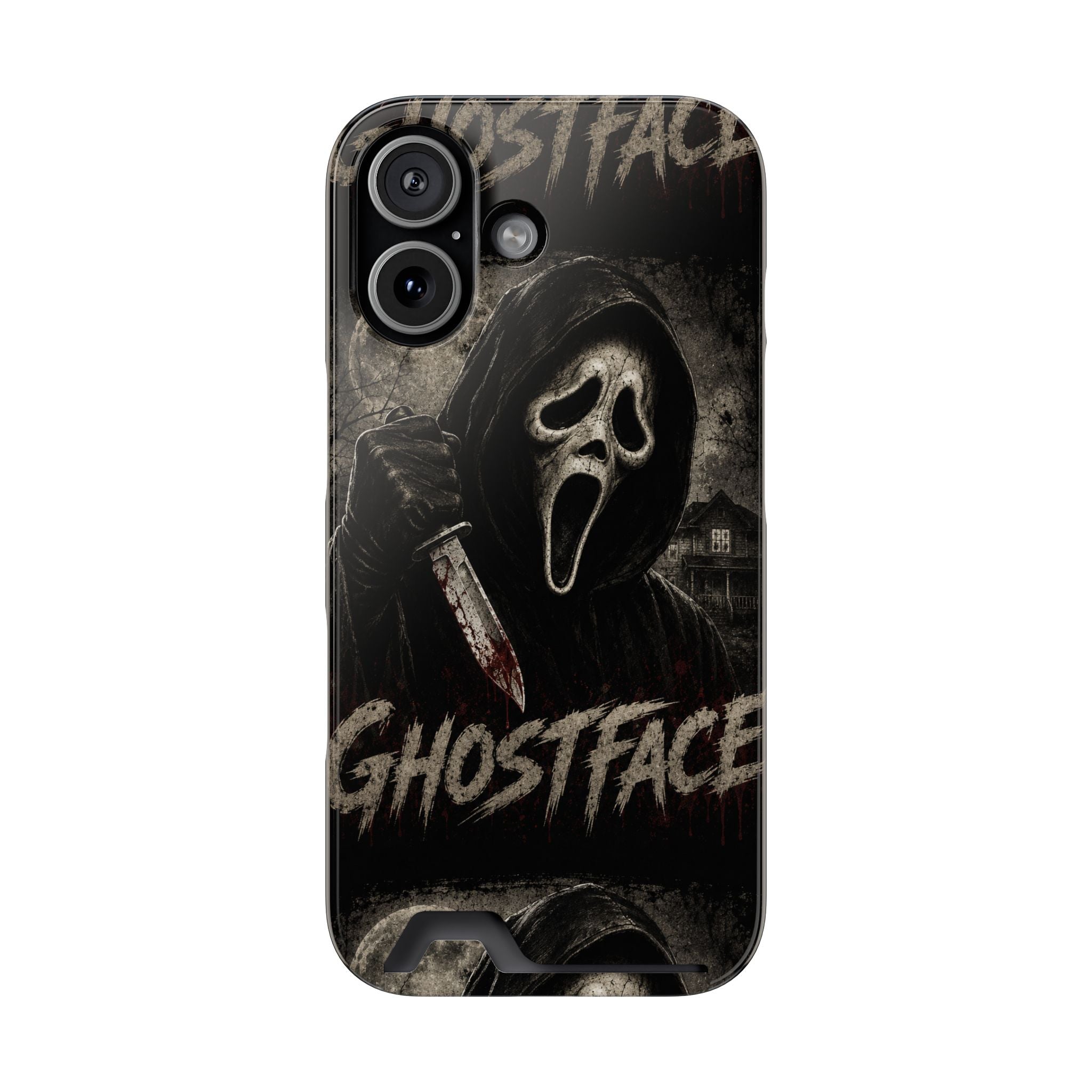 Ghostface Phone Case with Card Holder — Horror Movie Scream Mask Design