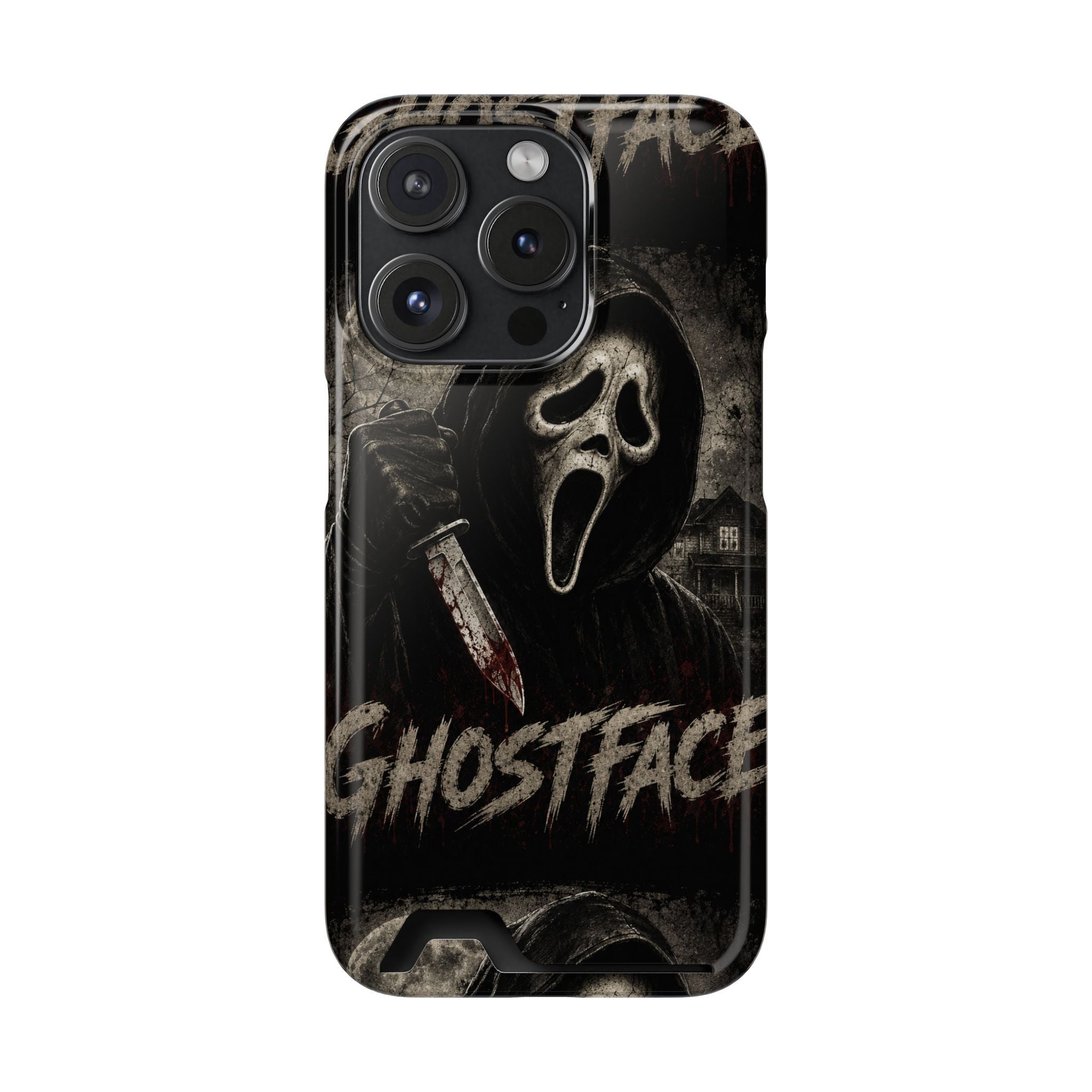 Ghostface Phone Case with Card Holder — Horror Movie Scream Mask Design