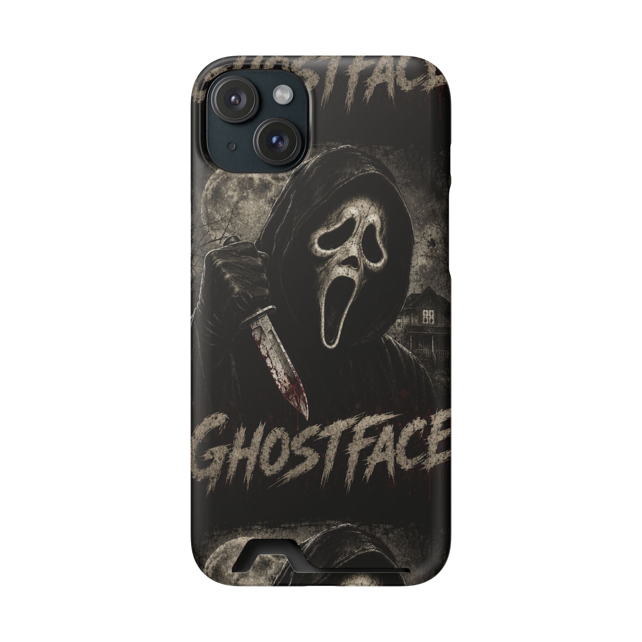 Ghostface Phone Case with Card Holder — Horror Movie Scream Mask Design