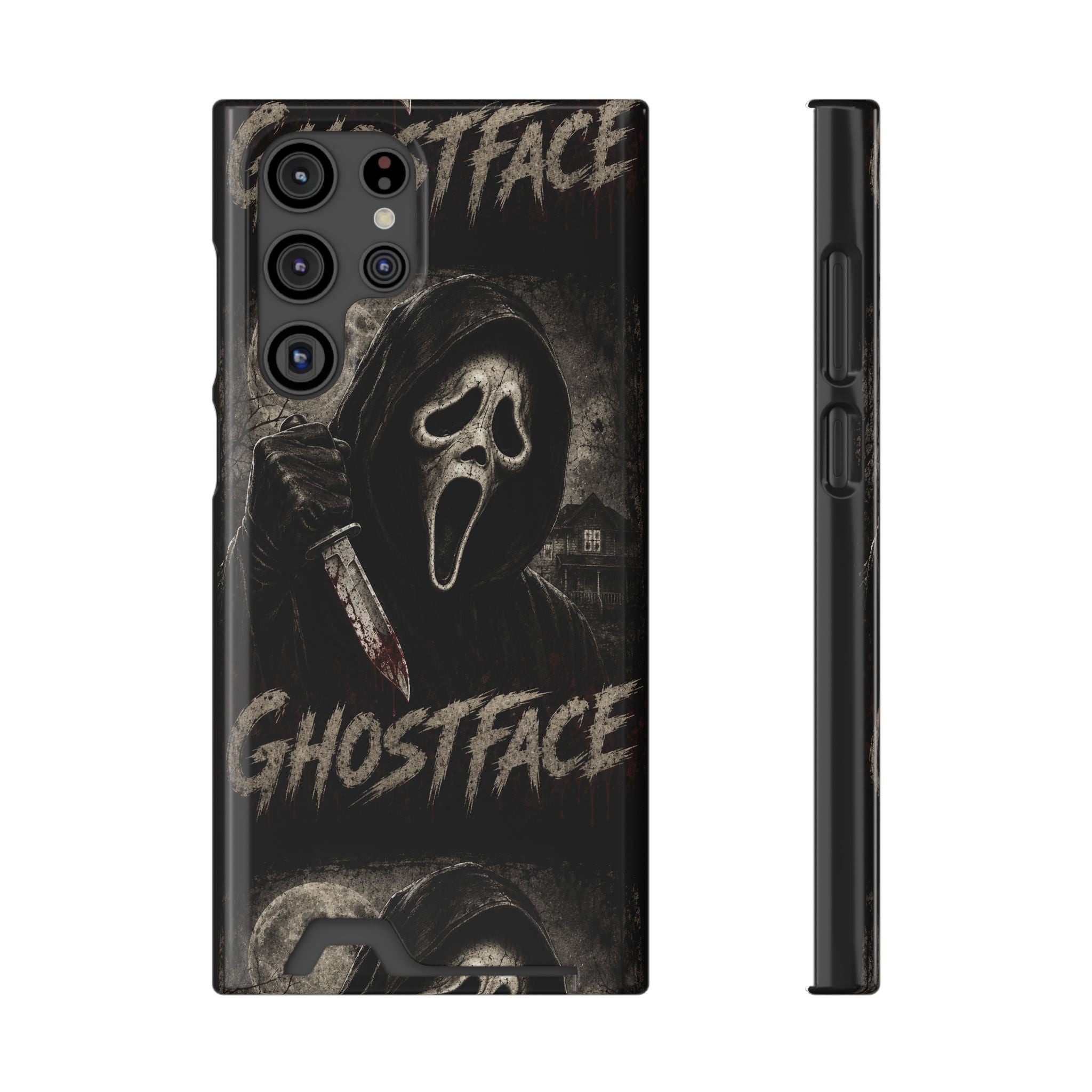 Ghostface Phone Case with Card Holder — Horror Movie Scream Mask Design