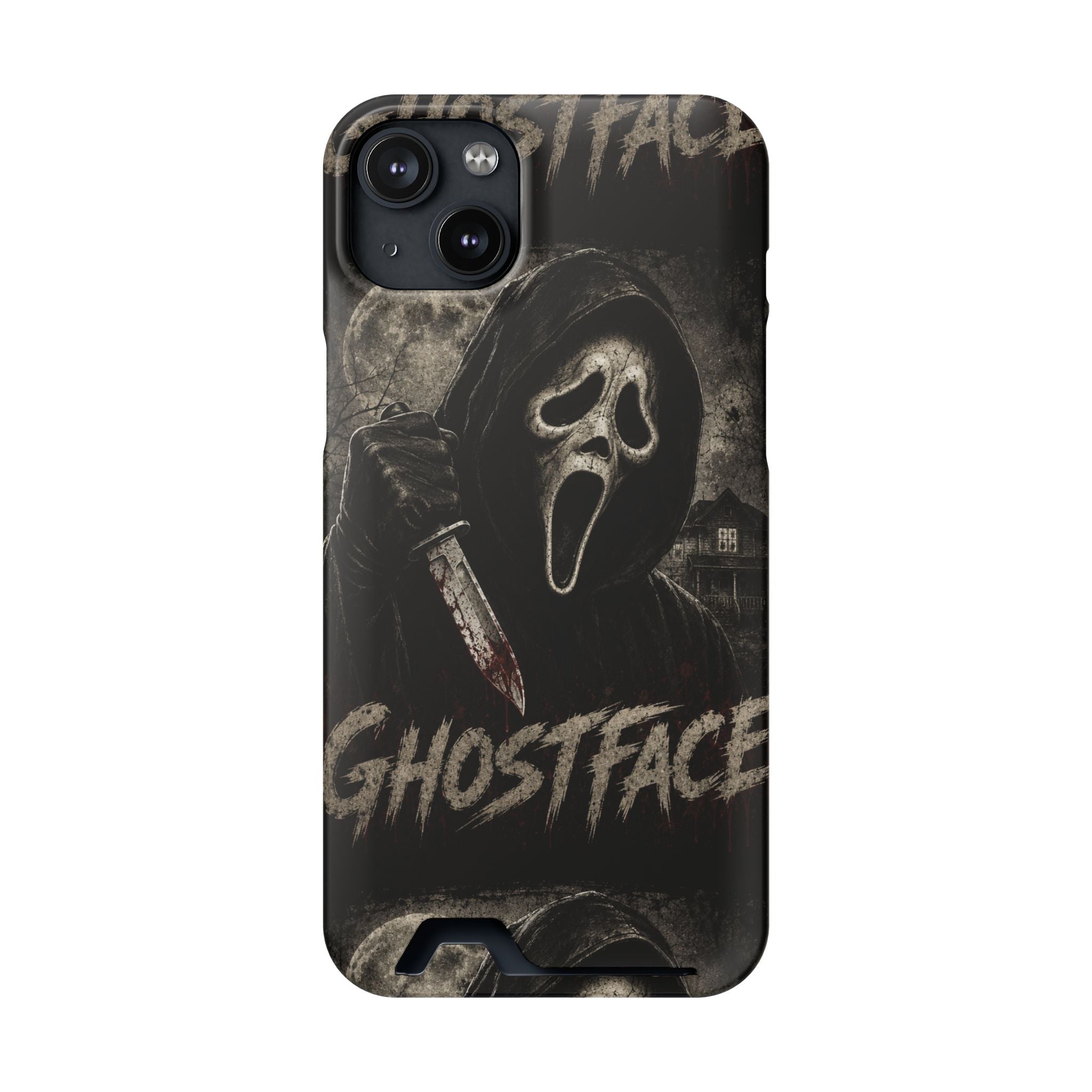Ghostface Phone Case with Card Holder — Horror Movie Scream Mask Design