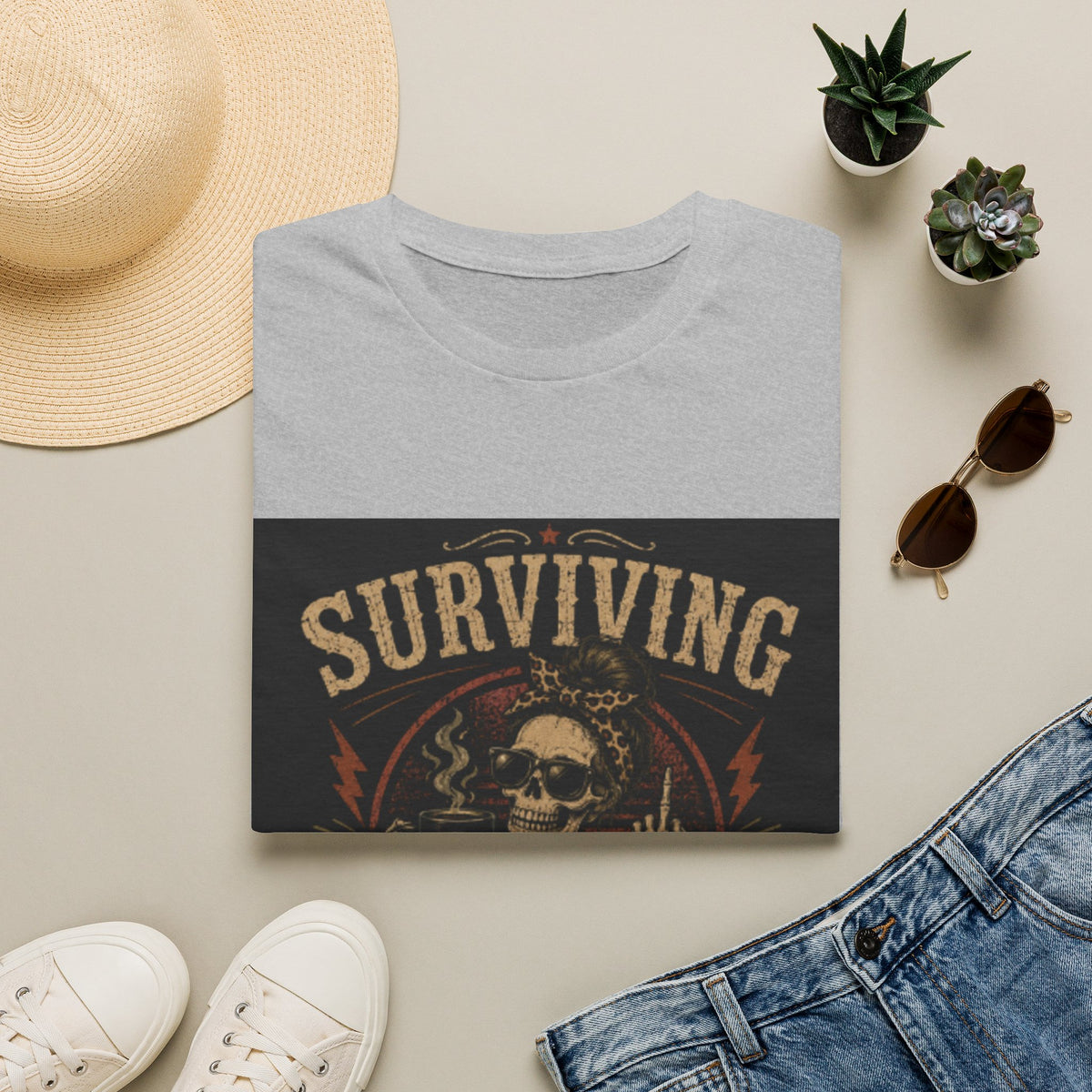 Surviving Caffeine T-Shirt – Funny Skull Coffee Shirt for Tired Adults