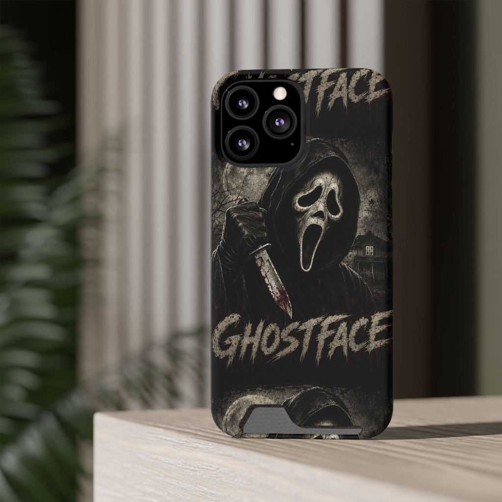 Ghostface Phone Case with Card Holder — Horror Movie Scream Mask Design